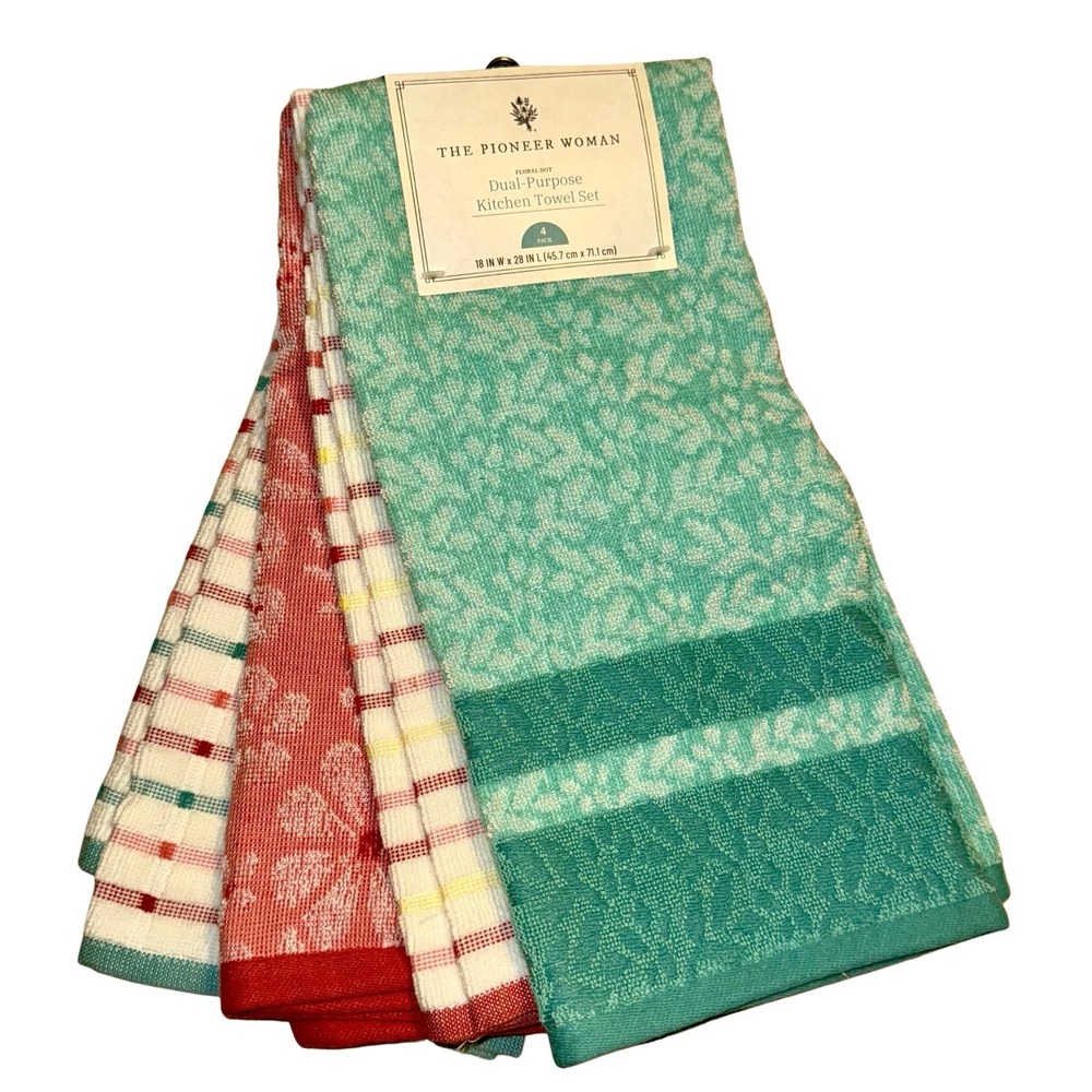 Pioneer Woman Kitchen Towels 4-pc Floral, Green, Pink Checkered Holiday Gift New